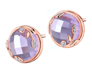Rose gold earrings with diamonds and amethysts - leaves 0,02 ct - fineness 14 K