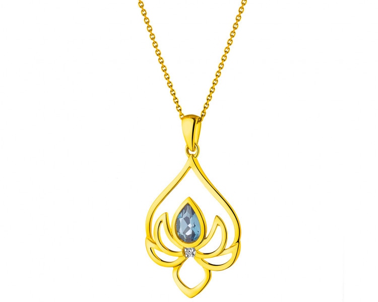 Zawieszka z żółtego złota z diamentem i topazem (London Blue) - kwiat lotosu - próba 585