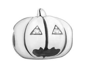 Zawieszka srebrna beads z cyrkoniami i emalią - dynia, Halloween