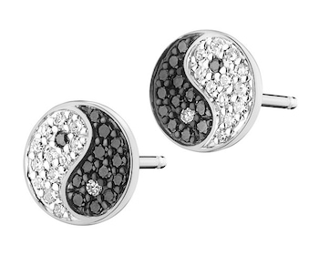White gold earrings with diamonds - yin yang - fineness 14 K