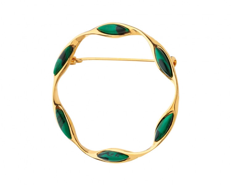 Gold plated silver brooch with malachite
