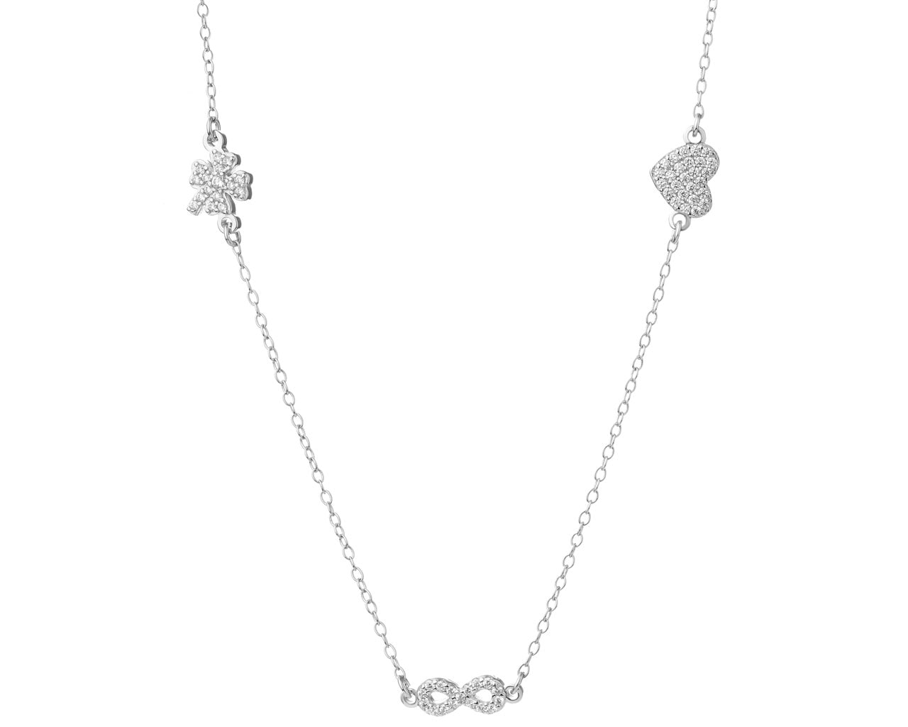 Naszyjnik srebrny z cyrkoniami - koniczyna, serce, nieskończoność