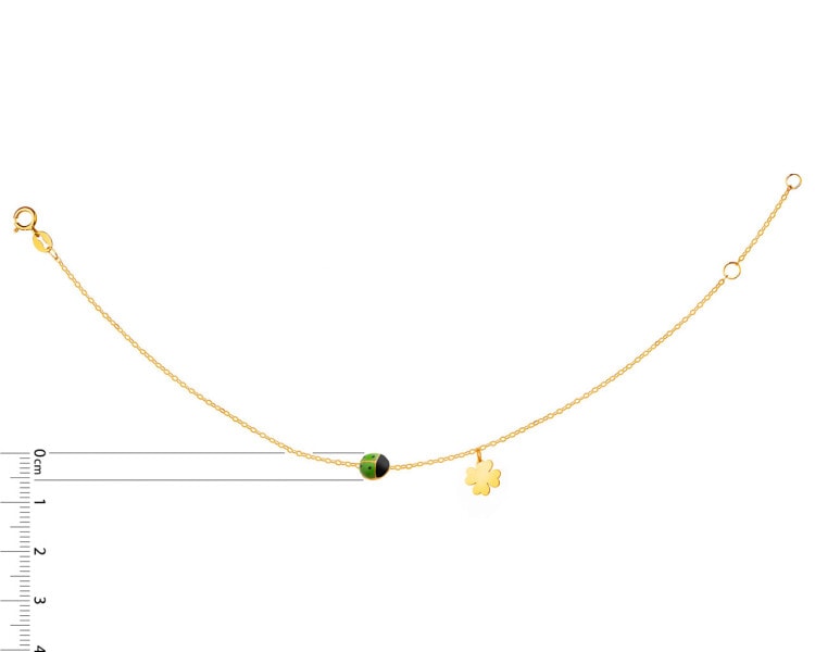 Złota bransoletka z emalią, ankier- biedronka, koniczyna