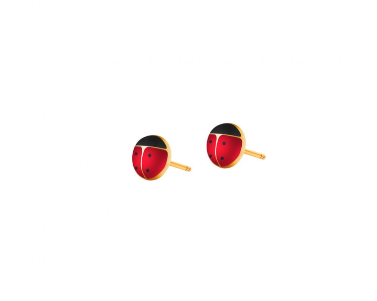Gold earrings with enamel - ladybugs