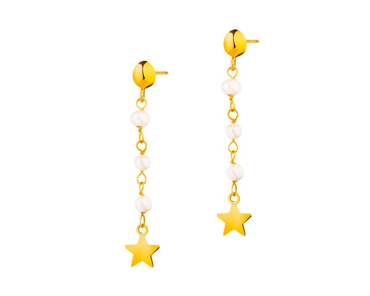 Złote kolczyki z perłami - gwiazdy, kulki