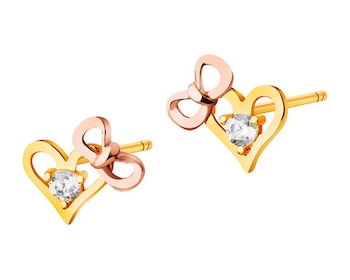 Gold earrings with cubic zirconia - hearts, bows