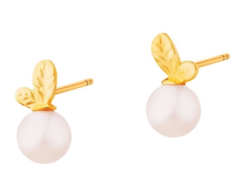 Gold earrings with pearls - leaves