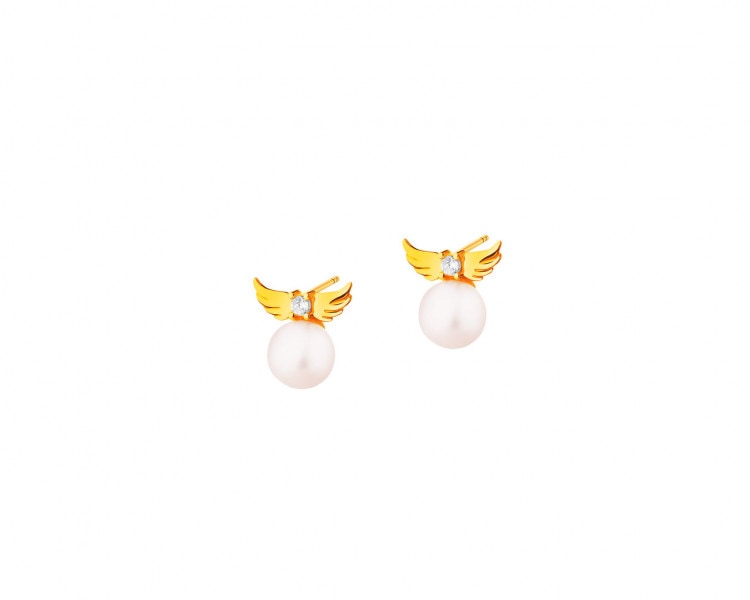 Gold earrings with pearls and cubic zirconia - wings
