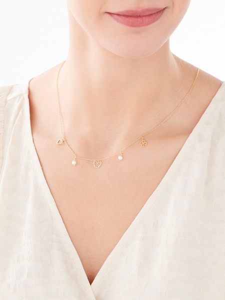 Pozlacený stříbrný náhrdelník s perlami - srdce, motýl, čtyřlístek