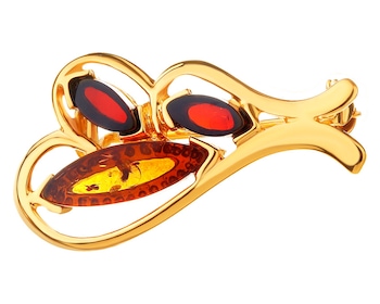 Gold-plated silver brooch with amber