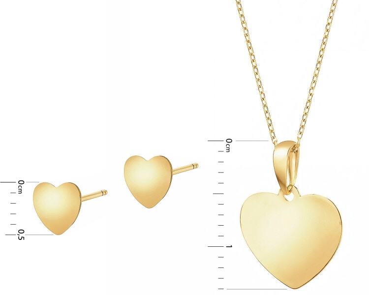Gold earrings, pendant and ankier chain - set - hearts