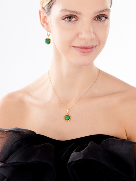 Gold-plated silver earrings with malachite - circles