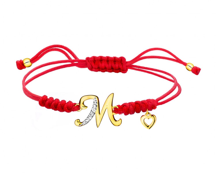 Bracelet with elements of yellow gold with a diamond - letter M, heart 0,003 ct - fineness 14 K