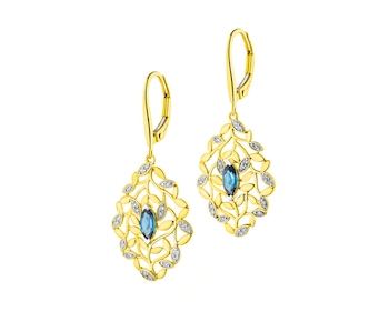 Zlaté náušnice s diamanty a topazy (London Blue) 0,11 ct - ryzost 585