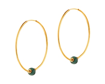 Gold earrings with malachites - circles, 22 mm