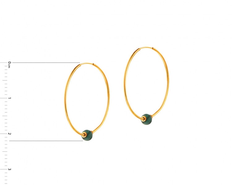 Gold earrings with malachites - circles, 22 mm