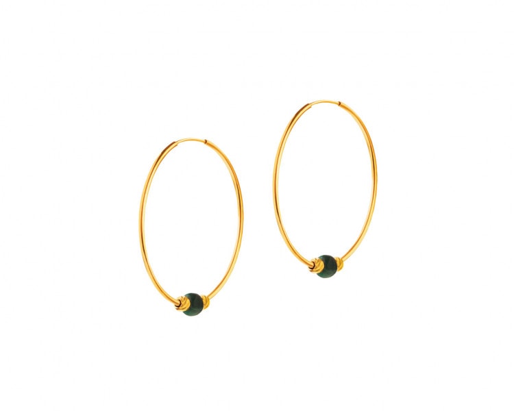 Gold earrings with malachites - circles, 23 mm