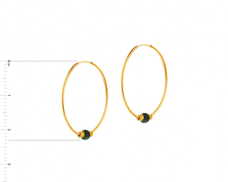 Gold earrings with malachites - circles, 23 mm