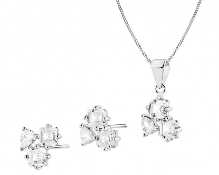 Silver earrings and pendant with zircons, chain - set