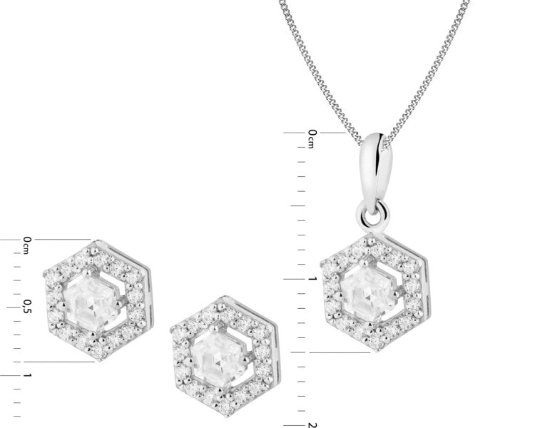 Silver earrings and pendant with zircons, chain - set