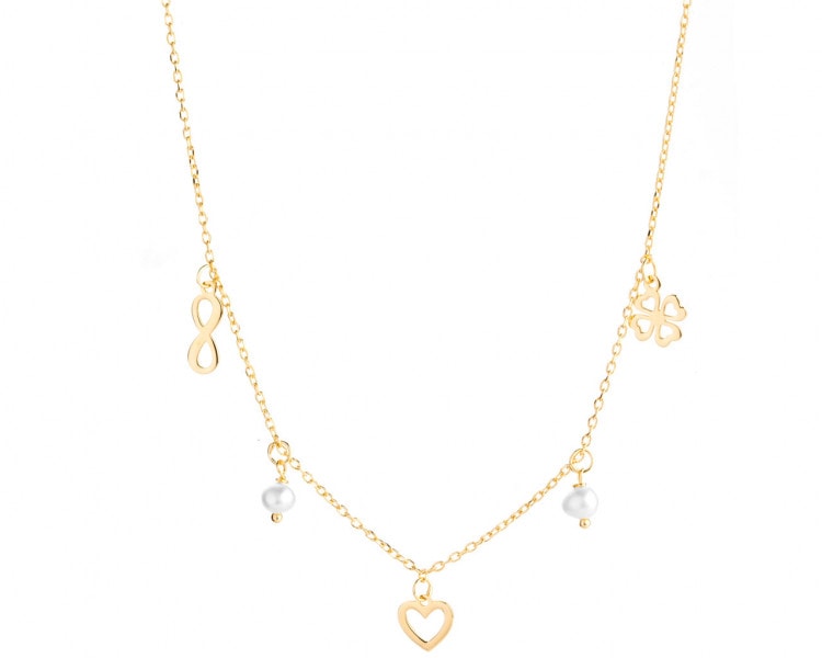 Pozlacený stříbrný náhrdelník s perlami - srdce, nekonečno, motýl