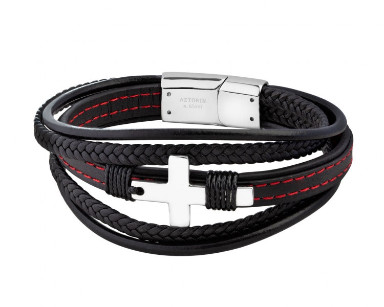 Stainless steel and leather bracelet - cross