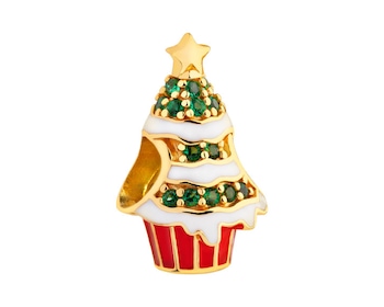 Gold-plated silver beads pendant with zircons and enamel - Christmas tree