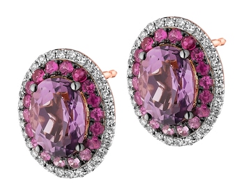 Rose gold earrings with diamonds, sapphires and amethysts - fineness 14 K