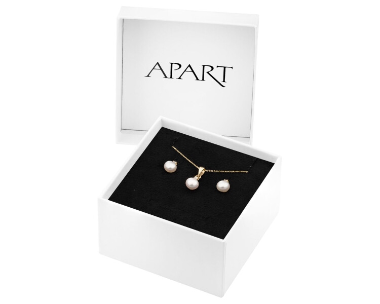 Gold earrings, pendant with pearl, chain - set