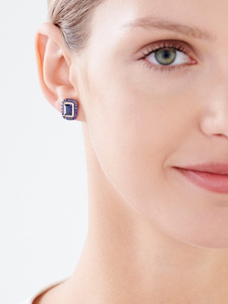 Gold earrings with diamonds and synthetic sapphires - fineness 14 K