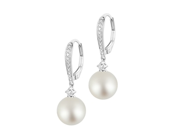 White gold earrings with diamonds and South Sea pearls - fineness 14 K