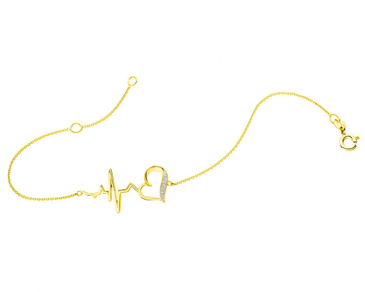 Bransoletka z żółtego złota z diamentami - serce, EKG serca 0,01 ct - próba 375