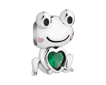 Silver beads pendant with zircon and enamel - frog, heart