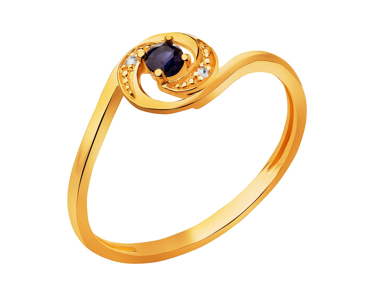 Złoty pierścionek z szafirem syntetycznym i cyrkoniami