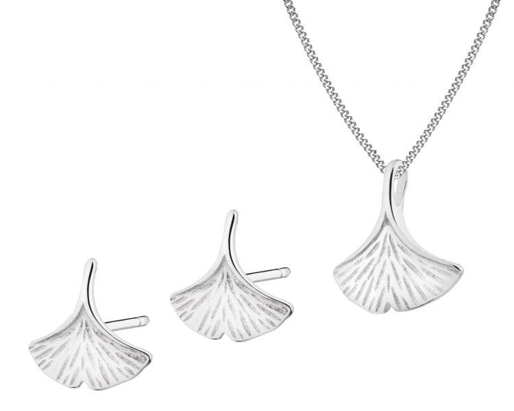 Silver earrings, pendant and chain - set - ginkgo