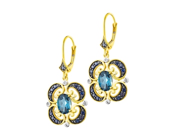 Gold earrings with diamonds, sapphires and topaz (London Blue) 0,02 ct - fineness 14 K