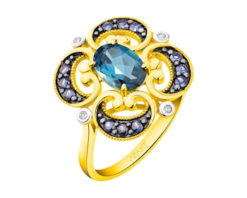 Zlatý prsten s diamanty, safíry a topazem (London Blue) 0,02 ct - ryzost 585