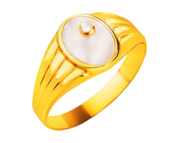 Zlatý prsten s perletí a zirkonem - pečetní prsten