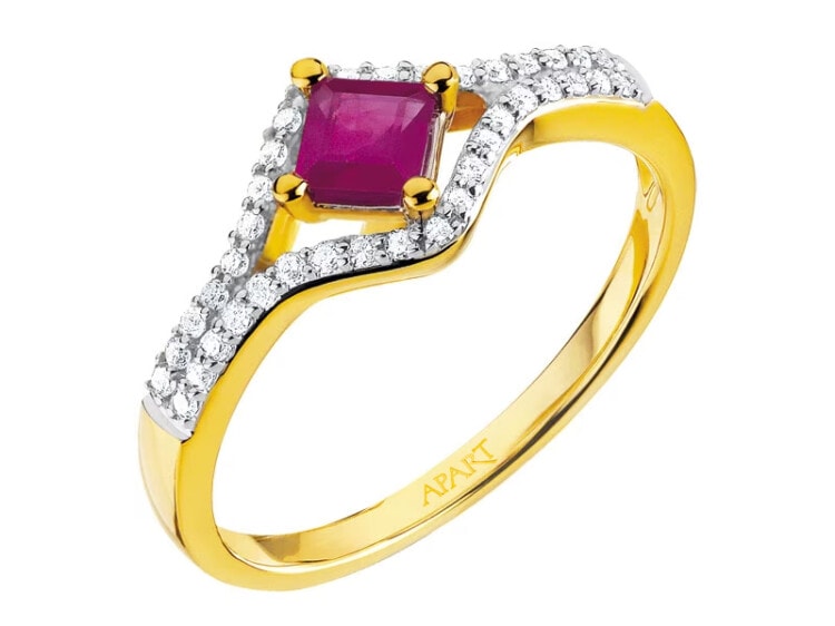 Prsten ze žlutého zlata s diamanty a rubínem - ryzost 585