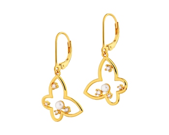Gold-plated silver earrings with pearls and zircons - butterflies