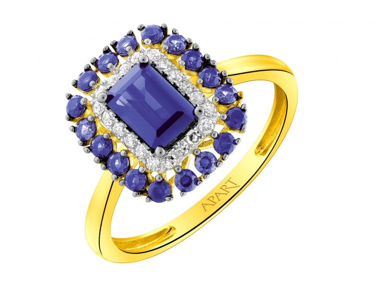 Zlatý prsten s diamanty a syntetickými safíry - ryzost 585