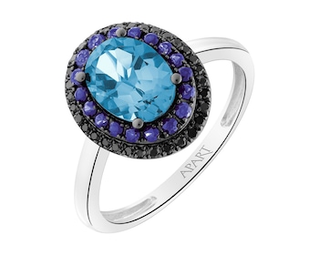 Prsten z bílého zlata s diamanty, safíry a topazem (London Blue) 0,12 ct - ryzost 585