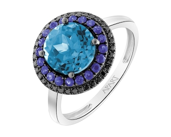Prsten z bílého zlata s diamanty, safíry a topazem (London Blue) - ryzost 585