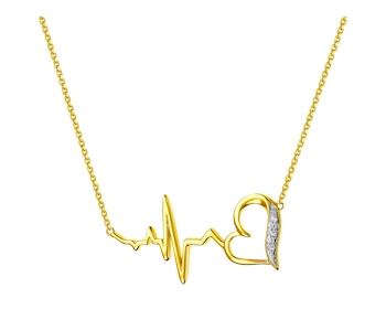 Naszyjnik z żółtego złota z diamentami - serce, EKG serca 0,01 ct - próba 375