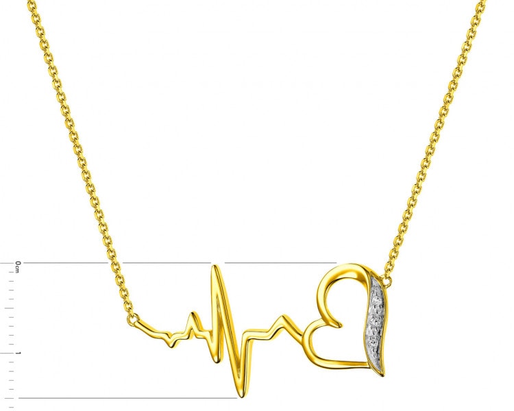 Naszyjnik z żółtego złota z diamentami - serce, EKG serca 0,01 ct - próba 375