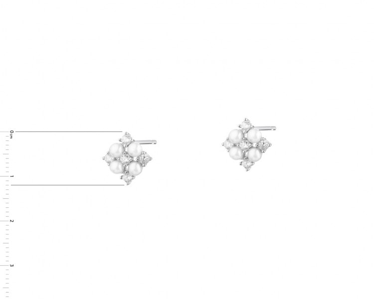 Kolczyki srebrne z perłami i cyrkoniami - kwadrat, rozeta