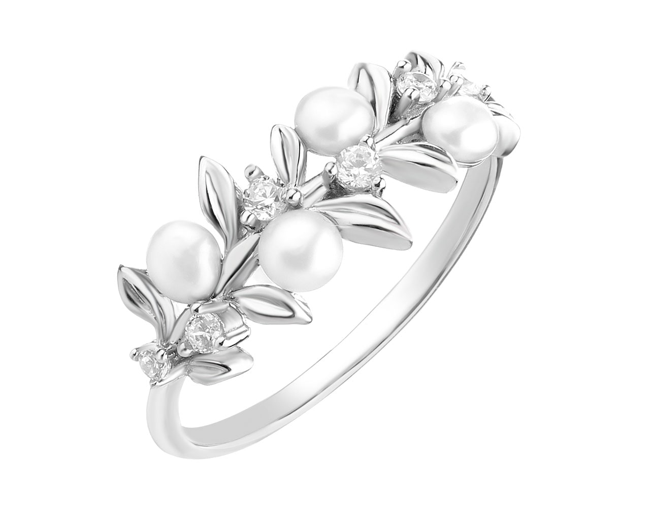Pierścionek srebrny z perłami i cyrkoniami - liście