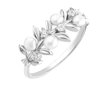 Pierścionek srebrny z perłami i cyrkoniami - liście