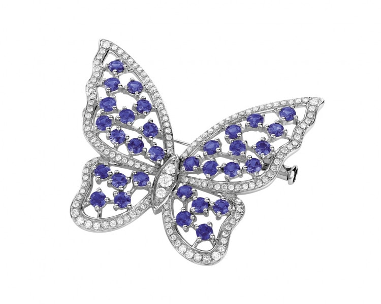 White gold brooch with brilliants and Ceylon sapphires - butterfly - fineness 18 K