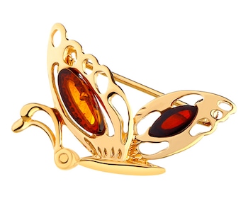 Gold plated silver brooch with amber - butterfly